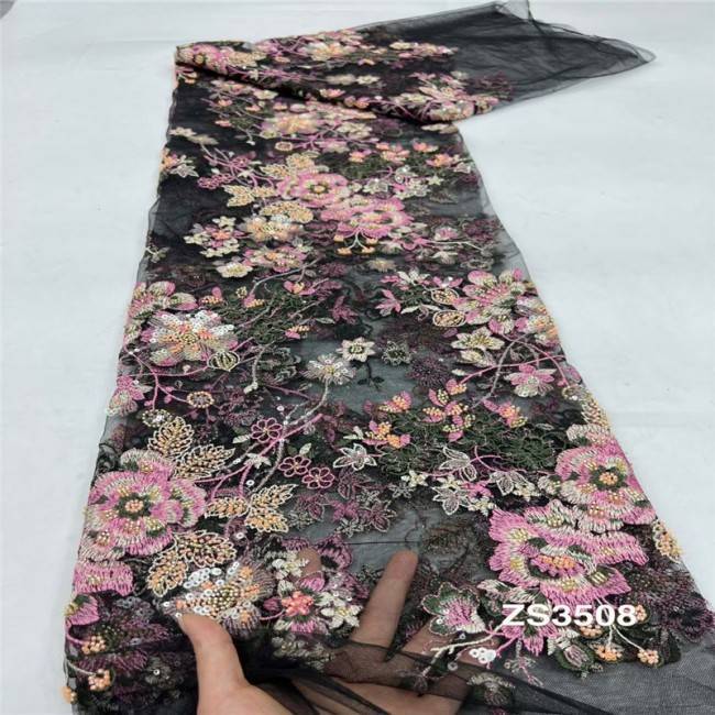 5 Yards Multi-Color Sequins Pearls Beaded Embroidered 3D Floral Lace Material Fabric JLT177