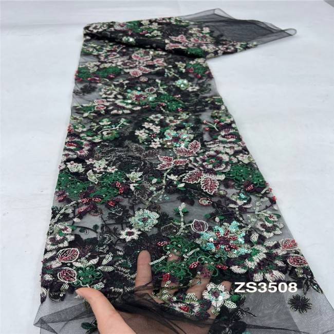 5 Yards Multi-Color Sequins Pearls Beaded Embroidered 3D Floral Lace Material Fabric JLT177
