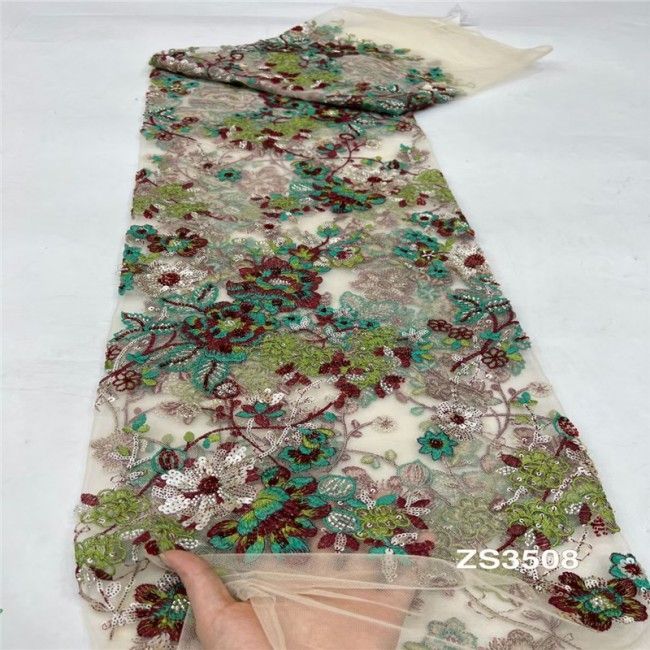 5 Yards Multi-Color Sequins Pearls Beaded Embroidered 3D Floral Lace Material Fabric JLT177