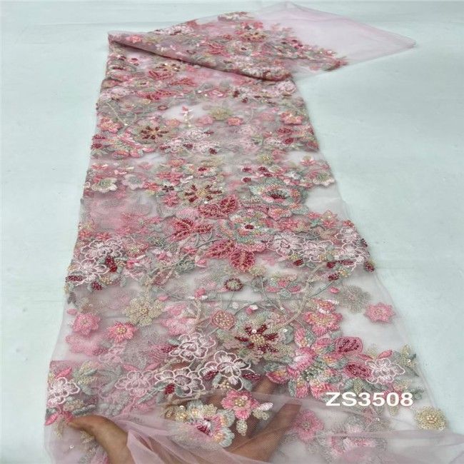 5 Yards Multi-Color Sequins Pearls Beaded Embroidered 3D Floral Lace Material Fabric JLT177