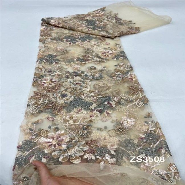 5 Yards Multi-Color Sequins Pearls Beaded Embroidered 3D Floral Lace Material Fabric JLT177