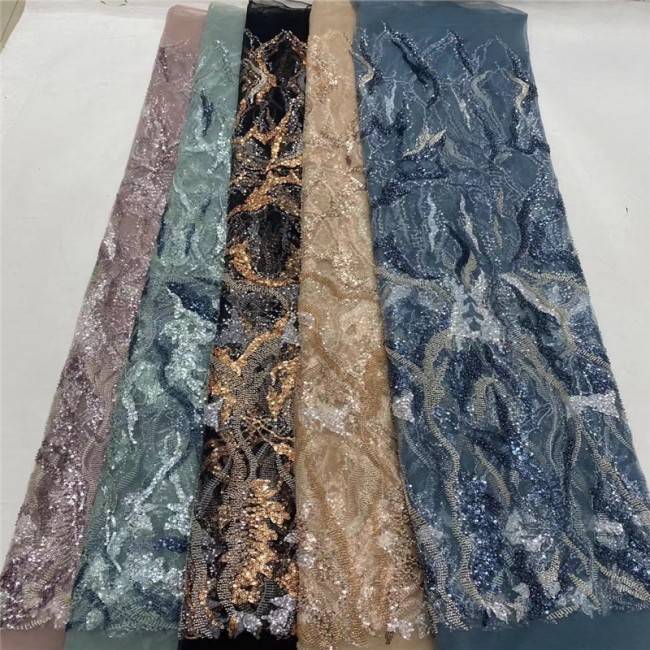 5 Yards Multi-Color Sequins Pearls Beaded Embroidered 3D Floral Lace Material Fabric JLT181