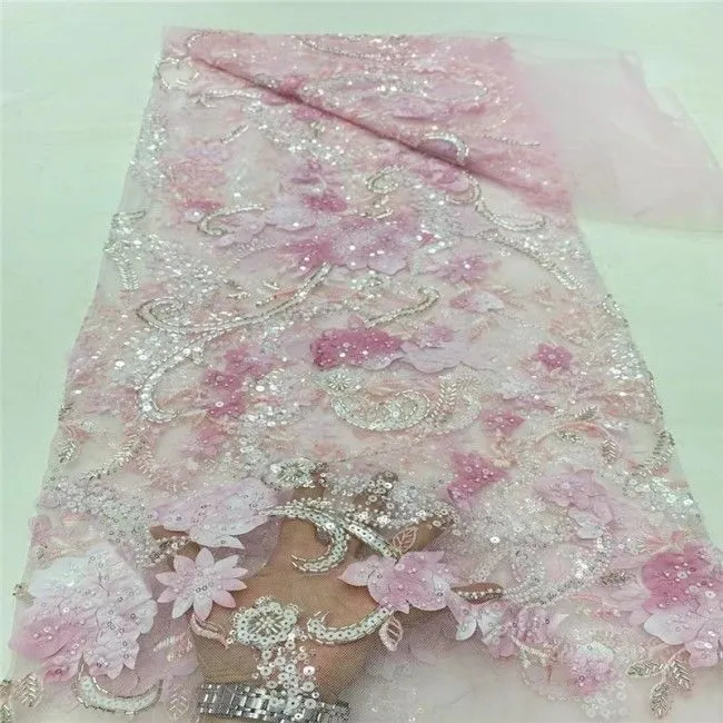 5 Yards Multi-Color Sequins Pearls Beaded Embroidered 3D Floral Lace Material Fabric JLT182