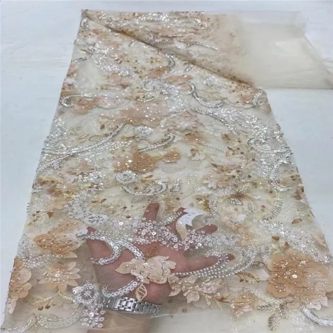 5 Yards Multi-Color Sequins Pearls Beaded Embroidered 3D Floral Lace Material Fabric JLT182