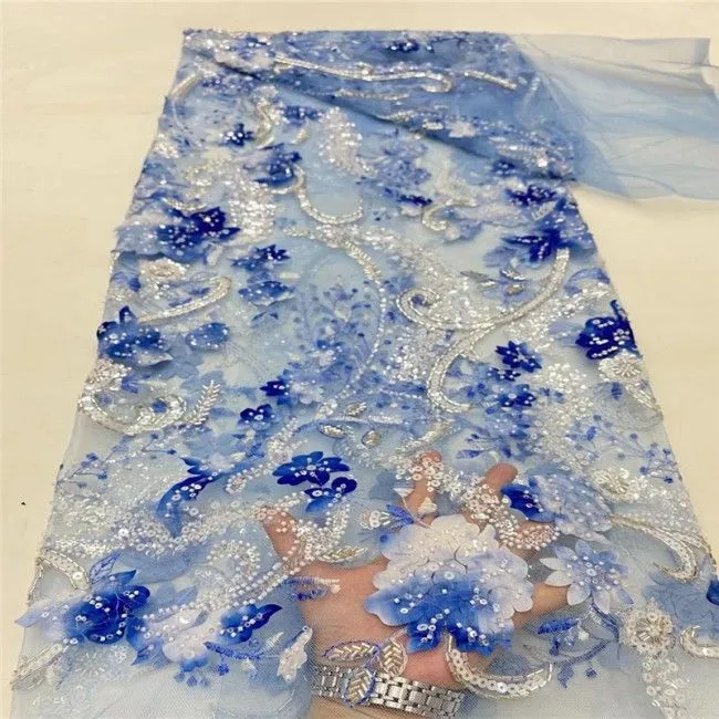 5 Yards Multi-Color Sequins Pearls Beaded Embroidered 3D Floral Lace Material Fabric JLT182