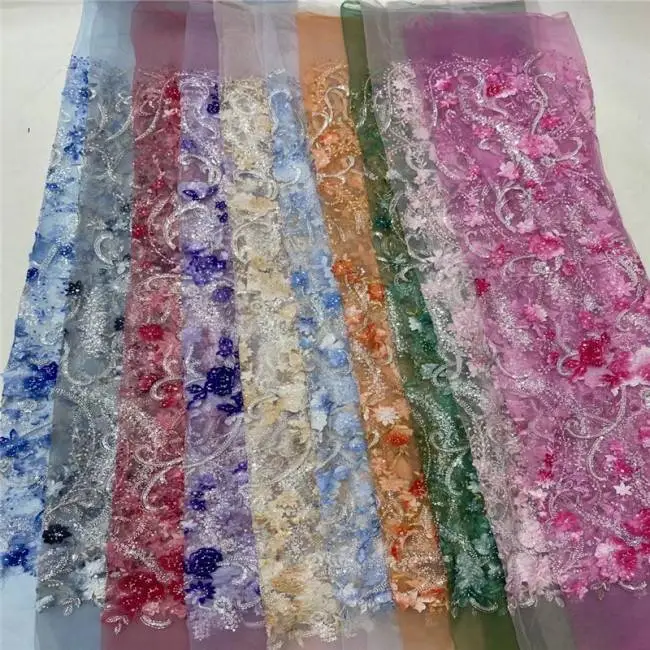 5 Yards Multi-Color Sequins Pearls Beaded Embroidered 3D Floral Lace Material Fabric JLT182