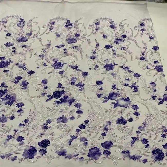 5 Yards Multi-Color Sequins Pearls Beaded Embroidered 3D Floral Lace Material Fabric JLT182