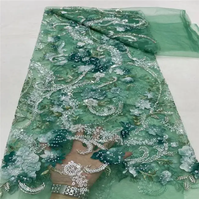 5 Yards Multi-Color Sequins Pearls Beaded Embroidered 3D Floral Lace Material Fabric JLT182