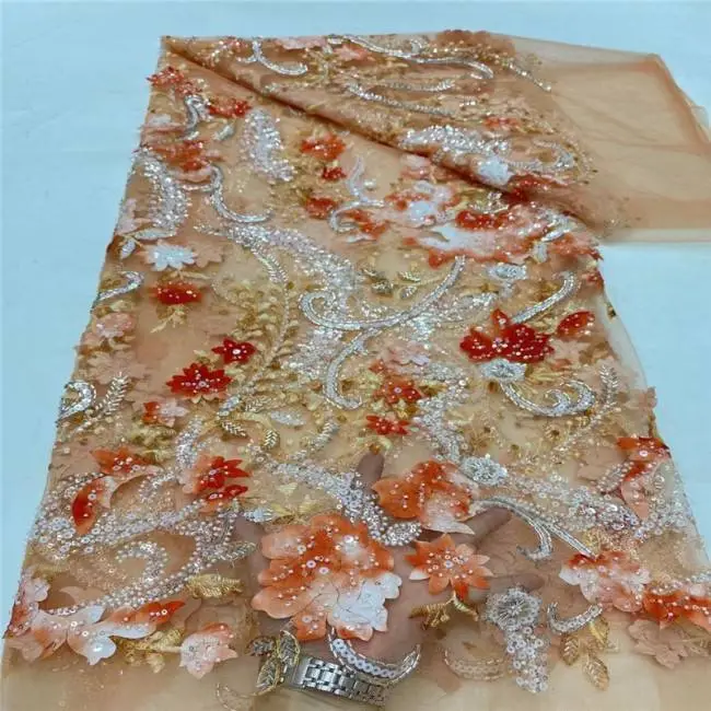 5 Yards Multi-Color Sequins Pearls Beaded Embroidered 3D Floral Lace Material Fabric JLT182