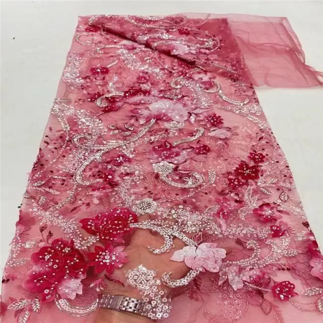 5 Yards Multi-Color Sequins Pearls Beaded Embroidered 3D Floral Lace Material Fabric JLT182