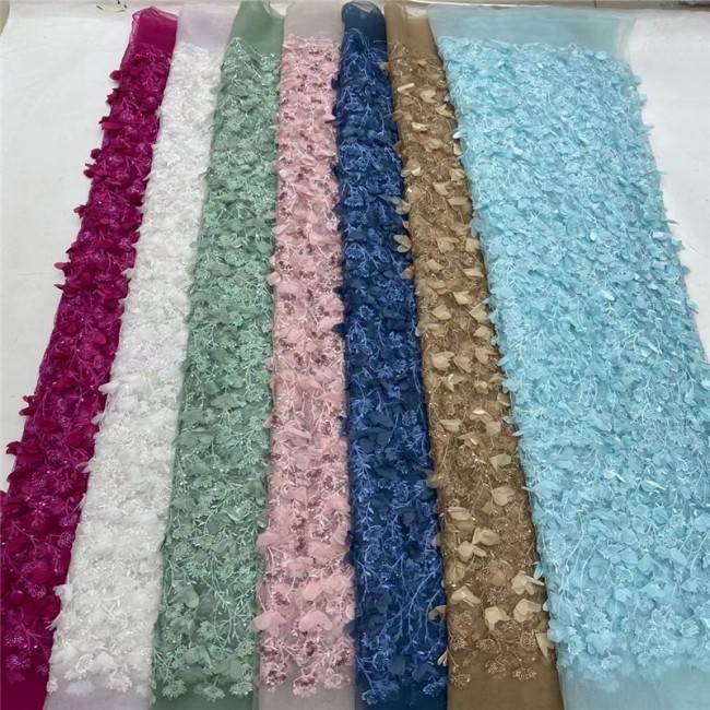 5 Yards Multi-Color Sequins Pearls Beaded Embroidered 3D Floral Lace Material Fabric JLT183