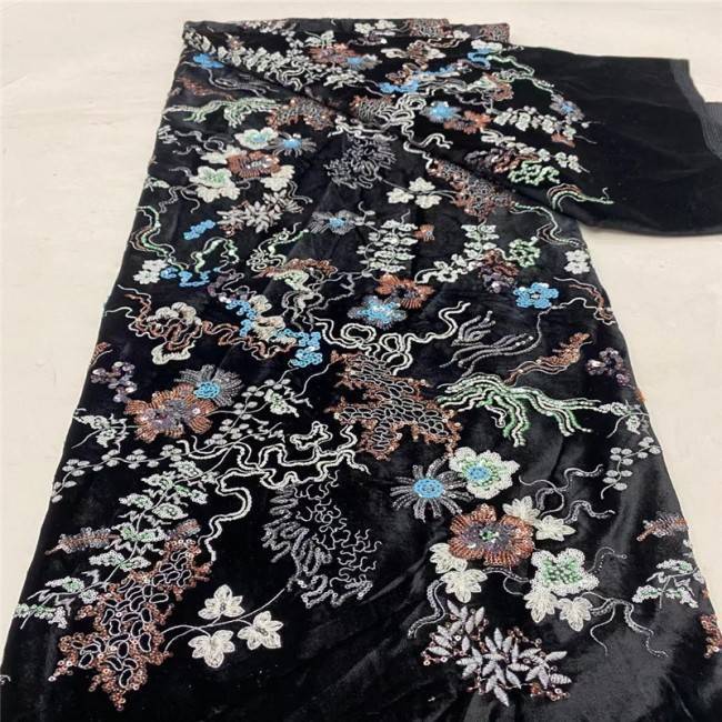 5 Yards Multi-Color Sequins Pearls Beaded Embroidered 3D Floral Lace Material Fabric JLT185