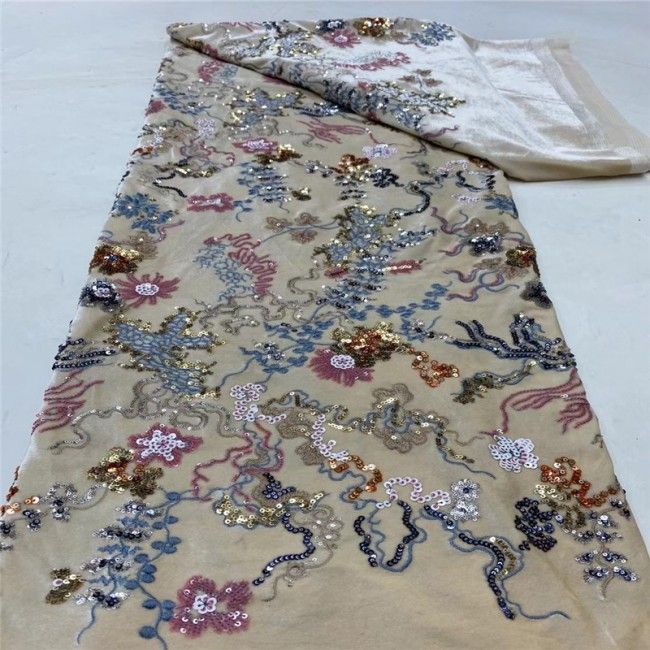 5 Yards Multi-Color Sequins Pearls Beaded Embroidered 3D Floral Lace Material Fabric JLT185