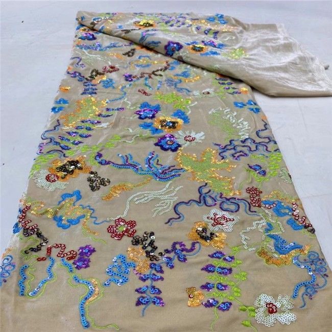 5 Yards Multi-Color Sequins Pearls Beaded Embroidered 3D Floral Lace Material Fabric JLT185