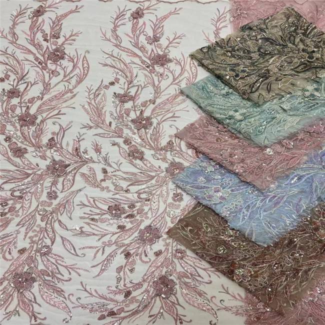 5 Yards Multi-Color Sequins Pearls Beaded Embroidered 3D Floral Lace Material Fabric JLT187