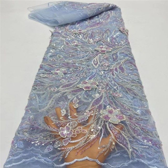 5 Yards Multi-Color Sequins Pearls Beaded Embroidered 3D Floral Lace Material Fabric JLT187