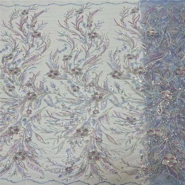 5 Yards Multi-Color Sequins Pearls Beaded Embroidered 3D Floral Lace Material Fabric JLT187