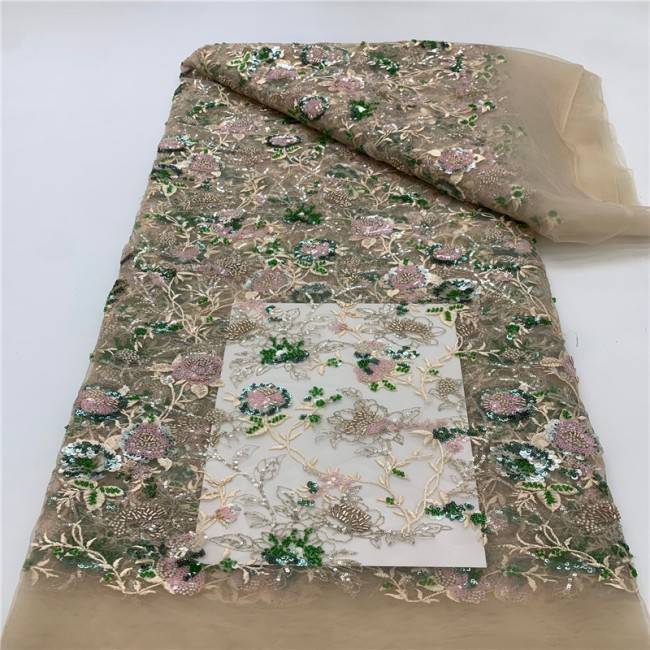 5 Yards Multi-Color Sequins Pearls Beaded Embroidered 3D Floral Lace Material Fabric JLT188