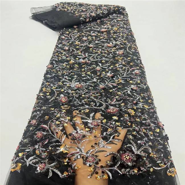 5 Yards Multi-Color Sequins Pearls Beaded Embroidered 3D Floral Lace Material Fabric JLT191