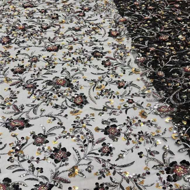 5 Yards Multi-Color Sequins Pearls Beaded Embroidered 3D Floral Lace Material Fabric JLT191