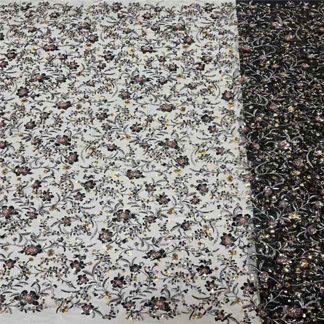 5 Yards Multi-Color Sequins Pearls Beaded Embroidered 3D Floral Lace Material Fabric JLT191