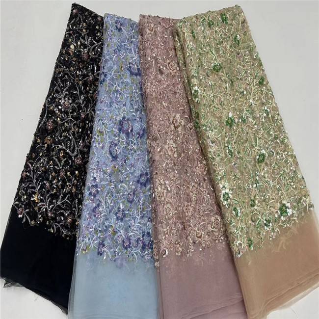 5 Yards Multi-Color Sequins Pearls Beaded Embroidered 3D Floral Lace Material Fabric JLT191