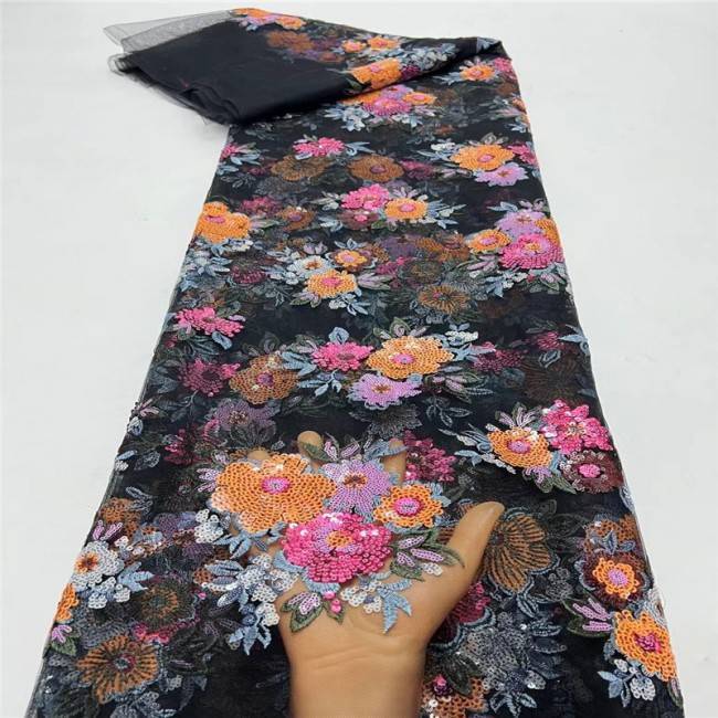 5 Yards Multi-Color Sequins Pearls Beaded Embroidered 3D Floral Lace Material Fabric JLT193