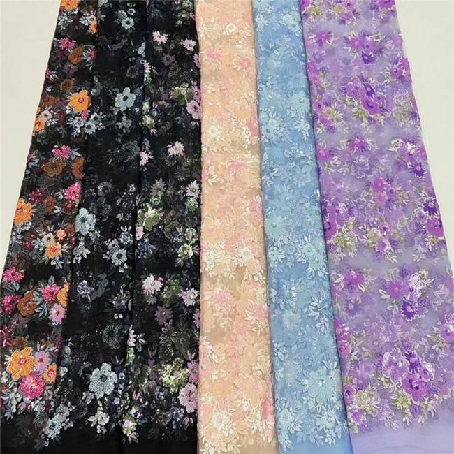 5 Yards Multi-Color Sequins Pearls Beaded Embroidered 3D Floral Lace Material Fabric JLT193