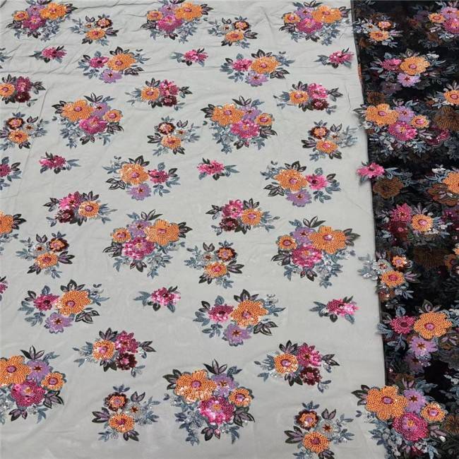 5 Yards Multi-Color Sequins Pearls Beaded Embroidered 3D Floral Lace Material Fabric JLT193