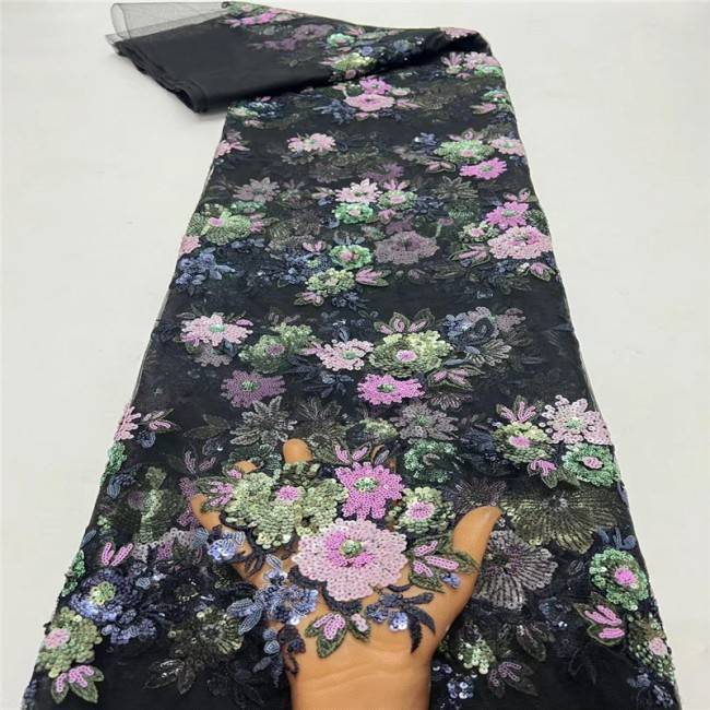 5 Yards Multi-Color Sequins Pearls Beaded Embroidered 3D Floral Lace Material Fabric JLT193