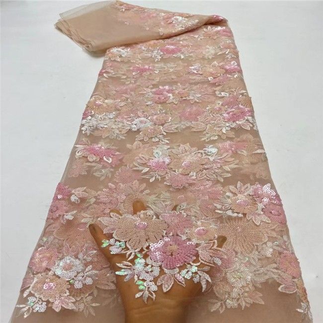 5 Yards Multi-Color Sequins Pearls Beaded Embroidered 3D Floral Lace Material Fabric JLT193