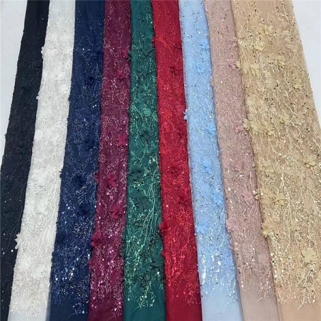 5 Yards Multi-Color Sequins Pearls Beaded Embroidered 3D Floral Lace Material Fabric JLT194