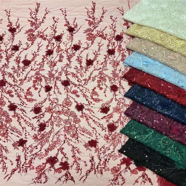 5 Yards Multi-Color Sequins Pearls Beaded Embroidered 3D Floral Lace Material Fabric JLT194