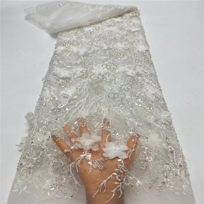 5 Yards Multi-Color Sequins Pearls Beaded Embroidered 3D Floral Lace Material Fabric JLT194