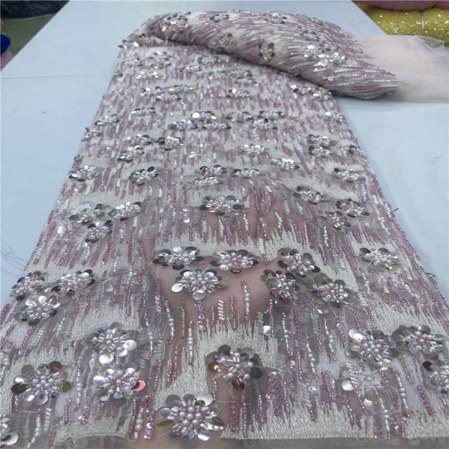 5 Yards Multi-Color Sequins Pearls Beaded Embroidered 3D Floral Lace Material Fabric JLT197