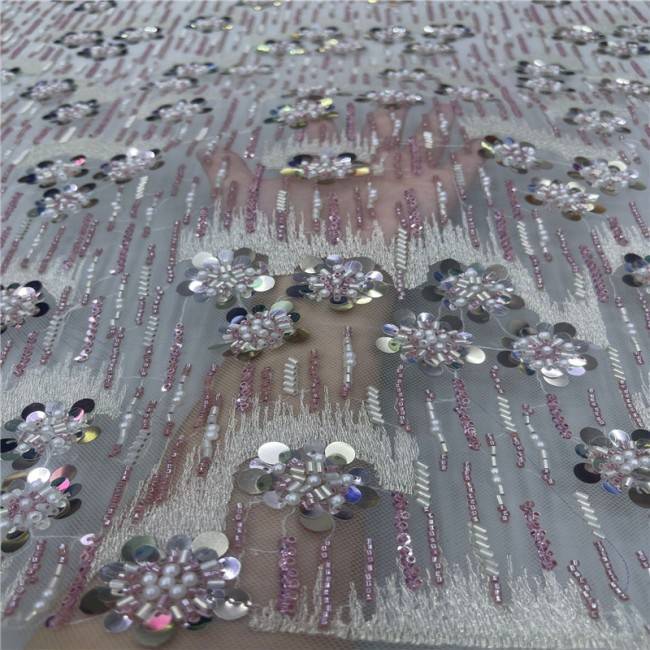 5 Yards Multi-Color Sequins Pearls Beaded Embroidered 3D Floral Lace Material Fabric JLT197