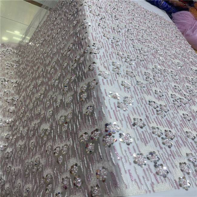 5 Yards Multi-Color Sequins Pearls Beaded Embroidered 3D Floral Lace Material Fabric JLT197