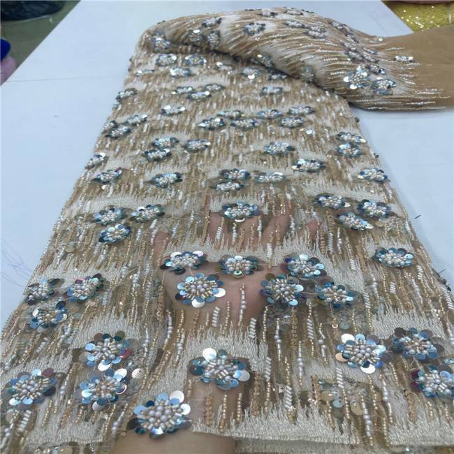 5 Yards Multi-Color Sequins Pearls Beaded Embroidered 3D Floral Lace Material Fabric JLT197