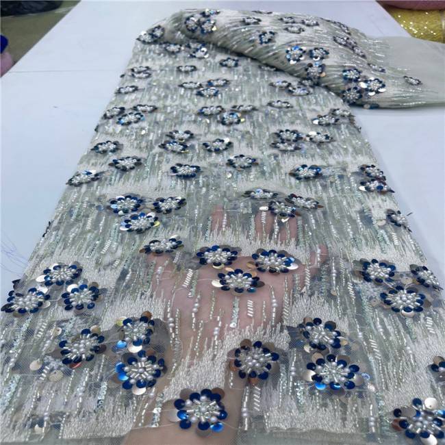 5 Yards Multi-Color Sequins Pearls Beaded Embroidered 3D Floral Lace Material Fabric JLT197