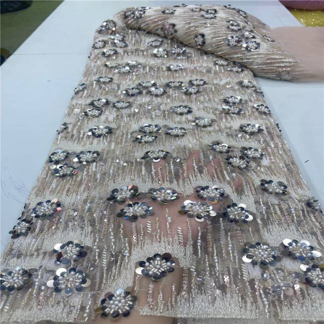 5 Yards Multi-Color Sequins Pearls Beaded Embroidered 3D Floral Lace Material Fabric JLT197