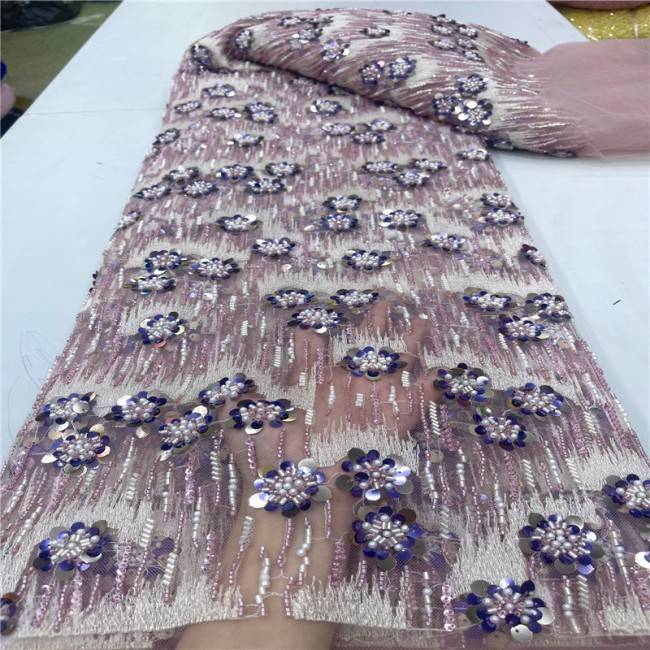5 Yards Multi-Color Sequins Pearls Beaded Embroidered 3D Floral Lace Material Fabric JLT197