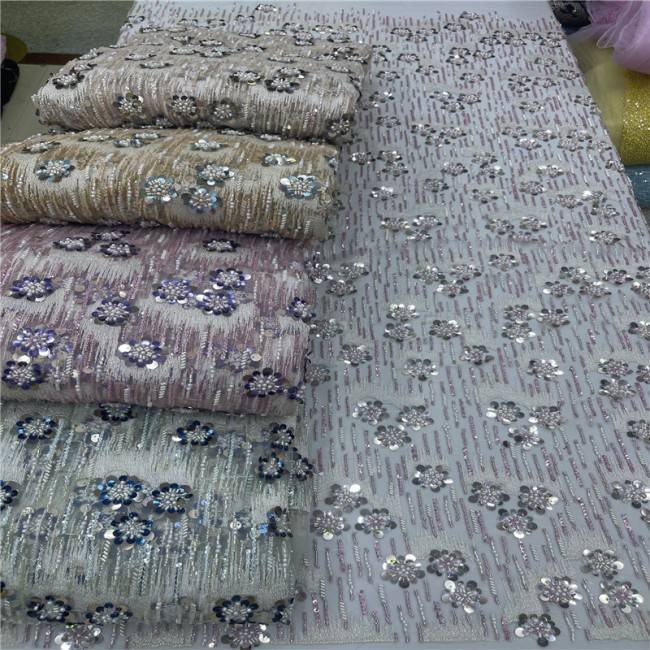 5 Yards Multi-Color Sequins Pearls Beaded Embroidered 3D Floral Lace Material Fabric JLT197