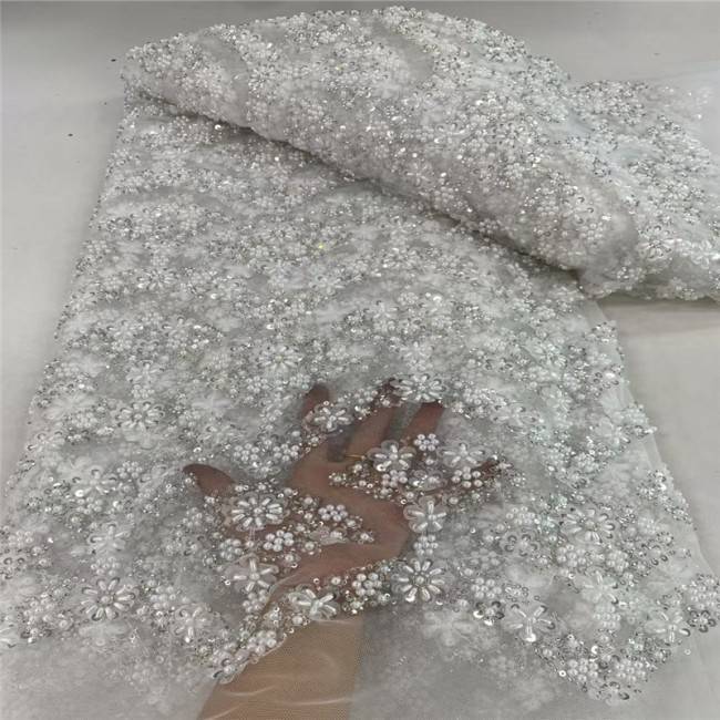 5 Yards Multi-Color Sequins Pearls Beaded Embroidered 3D Floral Lace Material Fabric JLT202