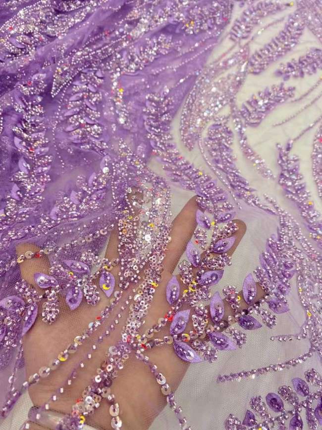 5 Yards Beaded 3D Leaves Lace Material Fabric JX460