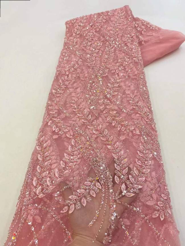 5 Yards Beaded 3D Leaves Lace Material Fabric JX460