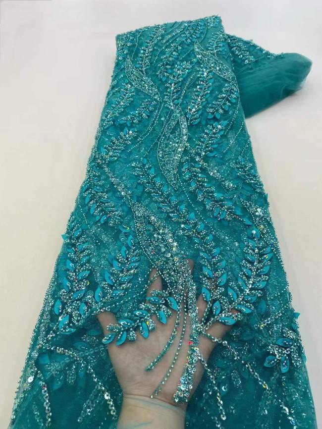 5 Yards Beaded 3D Leaves Lace Material Fabric JX460