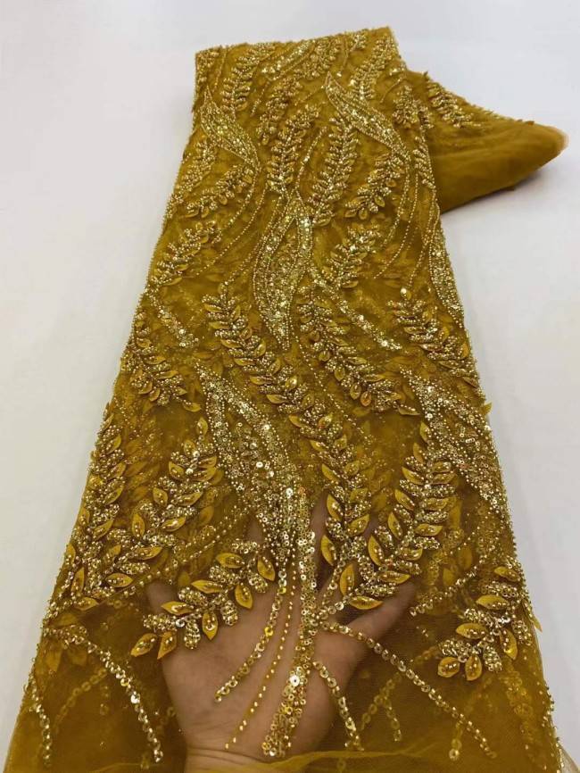 5 Yards Beaded 3D Leaves Lace Material Fabric JX460