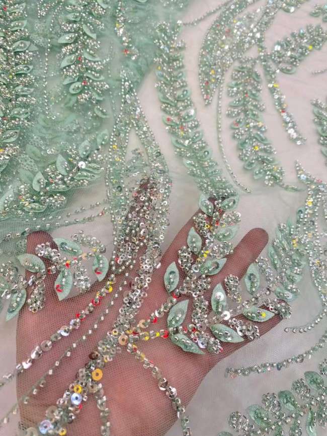 5 Yards Beaded 3D Leaves Lace Material Fabric JX460