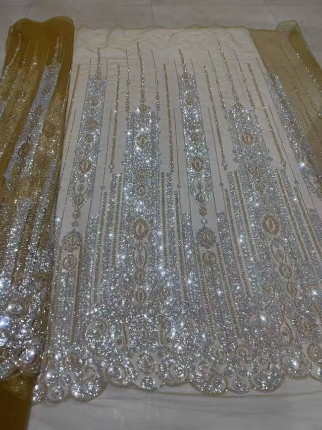 5 Yards Multi-Color Sequins Pearls Beaded Embroidered 3D Floral Lace Material Fabric ZT009