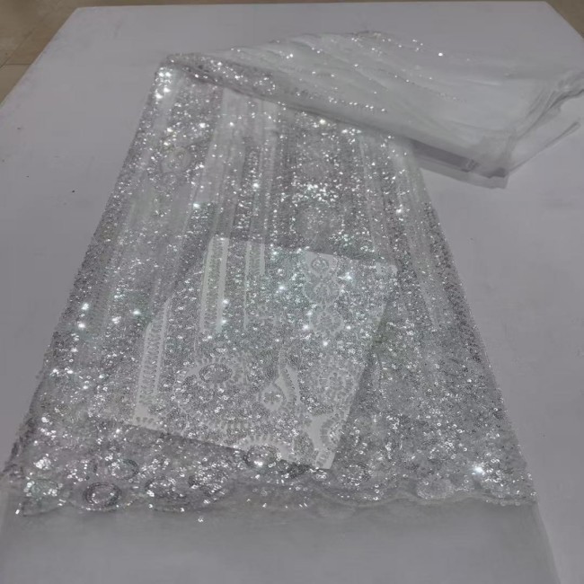 5 Yards Multi-Color Sequins Pearls Beaded Embroidered 3D Floral Lace Material Fabric ZT009